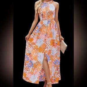 Orange Floral Halter Neck Maxi Dress
